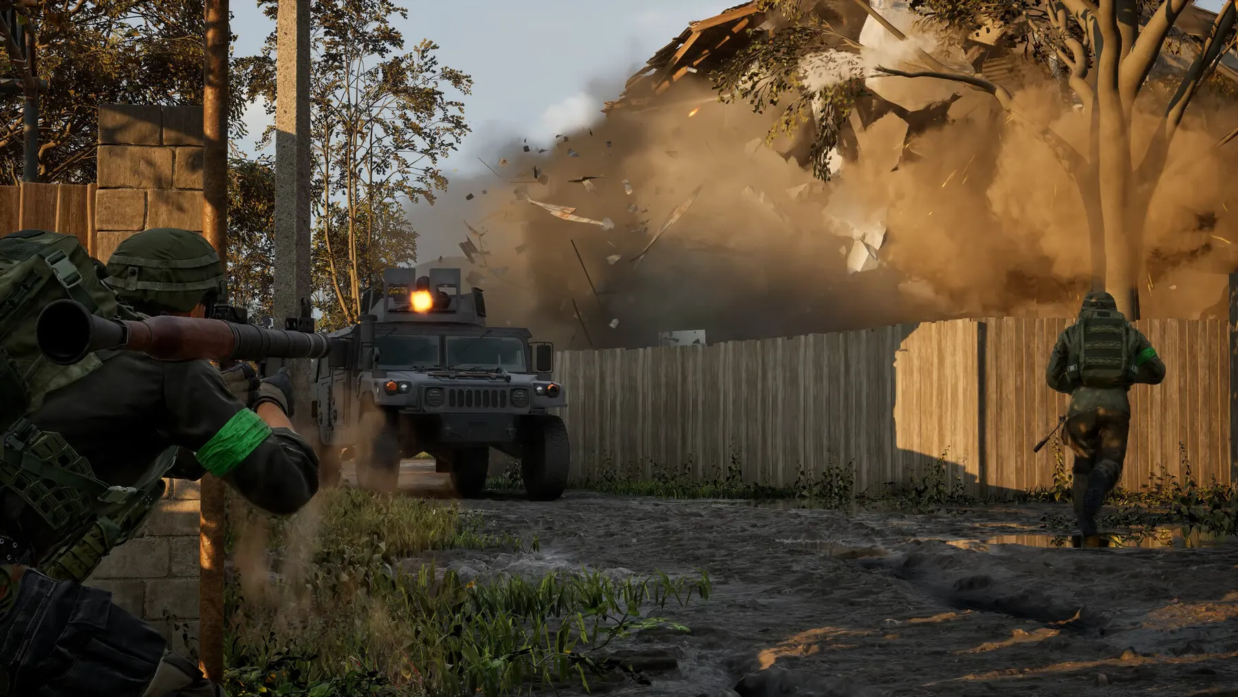 Soldier with a rocket launcher at a wall, a Humvee and an exploding building behind