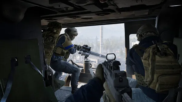 Lonestar mercenary firing the minigun from the open helicopter door